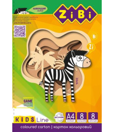 Carton colorat dublu A4, 8 foi, 8 culori, 215 g/m² ZIBI